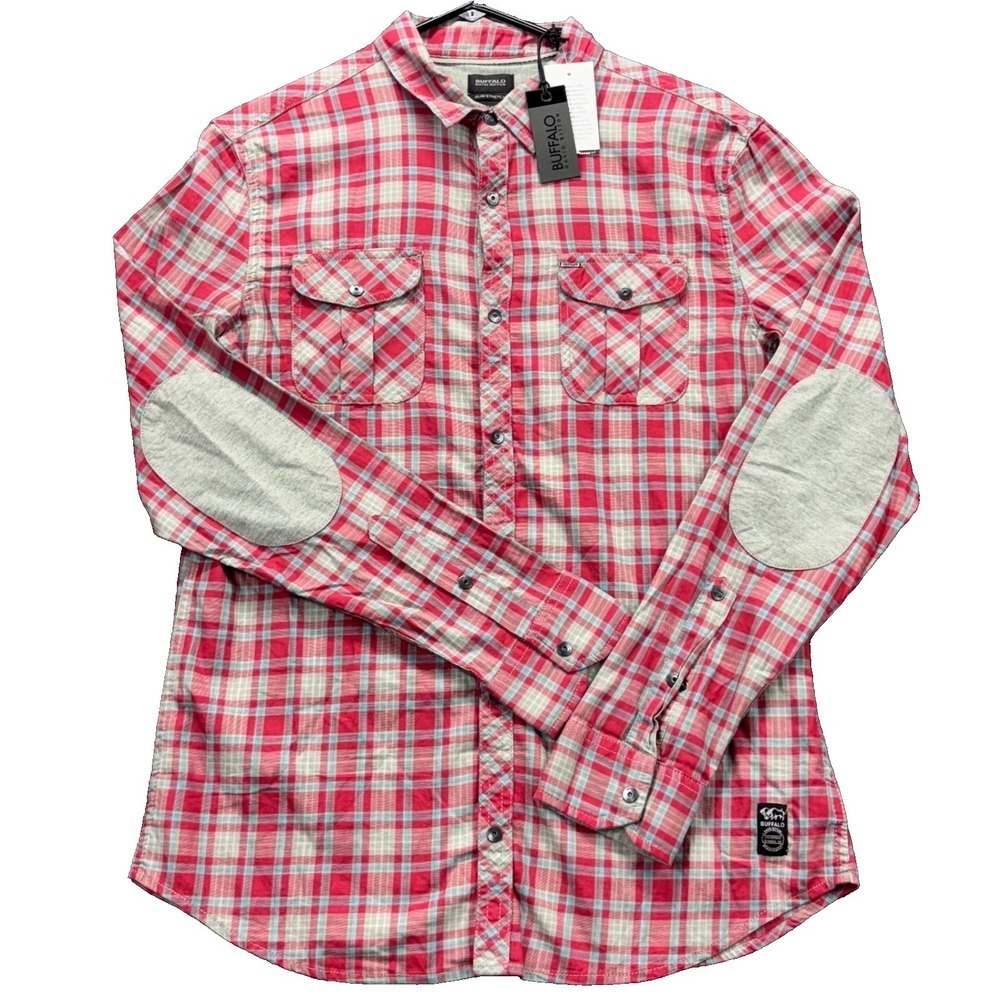 Buffalo David Bitton Shirt Mens M Slim Stretch Plaid Long Sleeve Elbow Patch Red